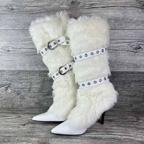 Y2K 2000s Colin Stuart White Faux Fur Lesther Belt Knee High Boots Heels 6.5B - Picture 1 of 12